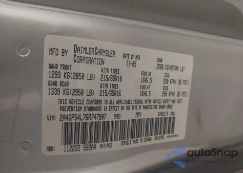 2006 Chrysler Town & Country Touring from USA, damaged, VIN 2A4GP54L76R747907